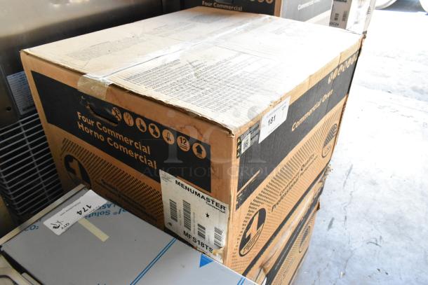 New Menumaster MFS18TS Stainless Steel Commercial Microwave, in box, 2022 model, features on package visible.