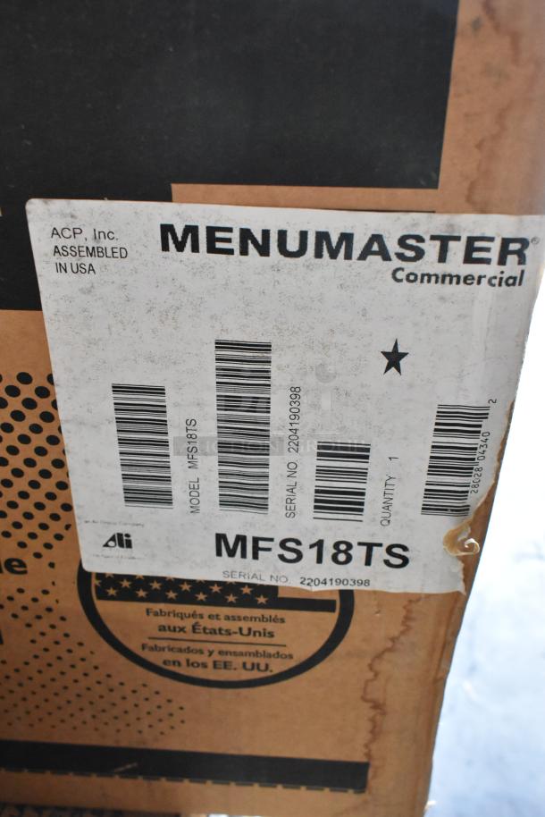 Brand new Menumaster MFS18TS stainless steel commercial microwave oven, 2022 model, in original packaging with labels.