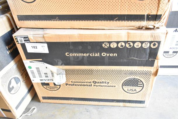 Brand new Menumaster MFS18TS stainless steel commercial microwave oven, 2022 model, in sealed box with USA marking.