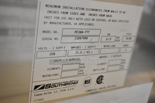 Label on Southbend PE36N-TTT griddle. Details: 208 Volts, 1 Phase, Serial No. 21D47996. Brand new in box.
