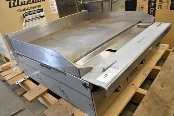 Southbend PE36N-TTT stainless steel electric griddle, brand new in box, 208V, 1 phase, visible control knobs and labels.