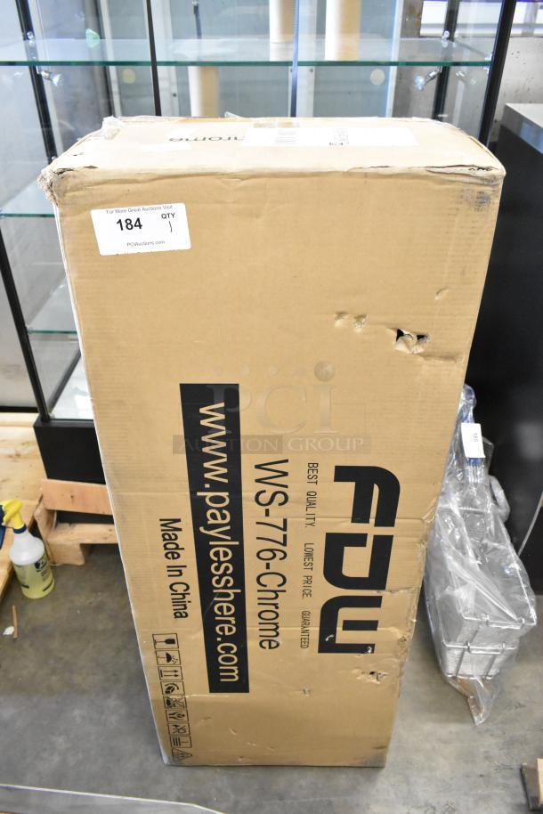 Brand new BestOffice WS-776-CHROME shelving unit in box. Chrome finish, marked "Made in China." Box slightly worn.