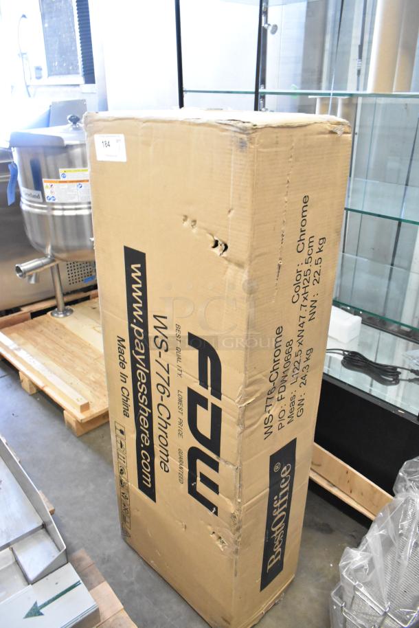 BestOffice WS-776-CHROME shelving unit in box. Chrome finish, new condition, labeled dimensions: 124x47x125cm, 22.5kg.