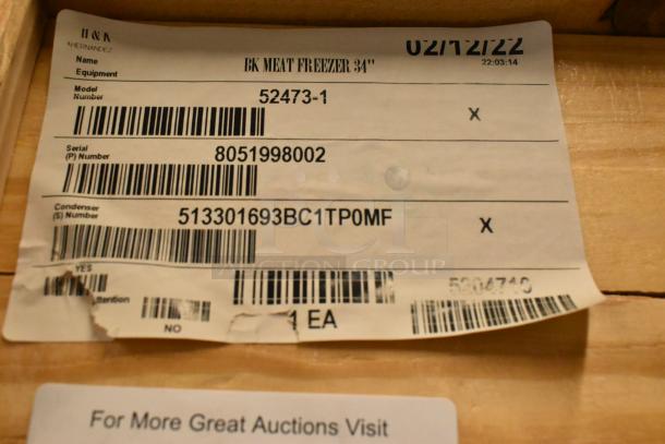 Brand new BKI 52473-1 stainless steel commercial meat freezer label, 115V, 1 phase, on casters, in crate.