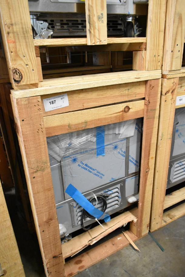 Brand new BKI 52473-1 stainless steel commercial meat freezer in crate, on casters. 115 volts, 1 phase.