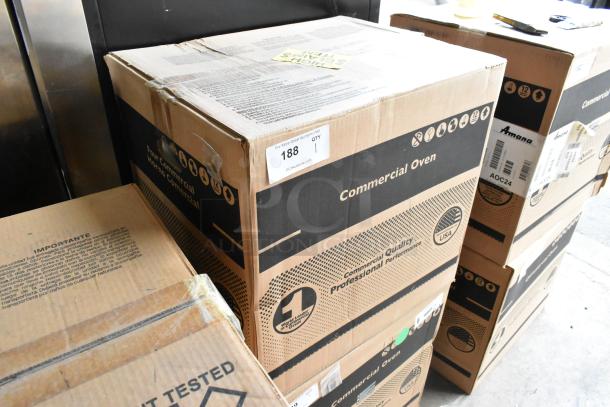 Brand new in box Amana AOC24 stainless steel commercial microwave with touch pad, 208-240 volts. Model 2021.