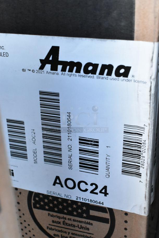 Brand new 2021 Amana AOC24 commercial microwave in unopened box. Stainless steel, touch pad, 208-240 volts.