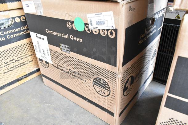 Brand new 2021 Amana AOC24 stainless steel commercial microwave in box. Features touch pad, 208-240 volts, USA made.