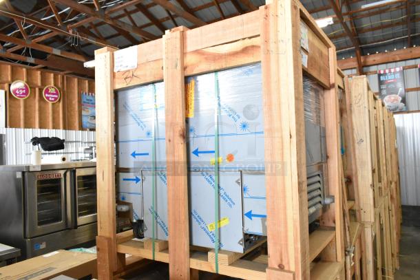 Brand new 2022 BKI 52473-1 stainless steel commercial meat freezer, crated, on casters, 115V, 1 phase.