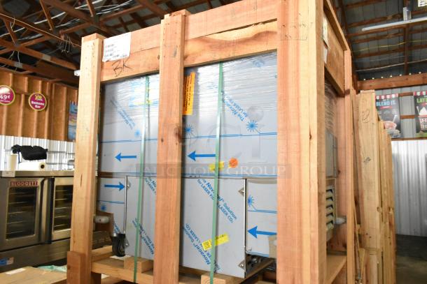 Brand new 2022 BKI 52473-1 stainless steel meat freezer in crate with commercial casters. 115V, 1 Phase.