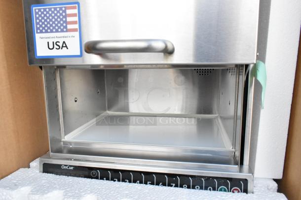 Brand new 2021 Amana AOC24 stainless steel commercial OnCue microwave with touch pad, 208-240 volts, USA-made.