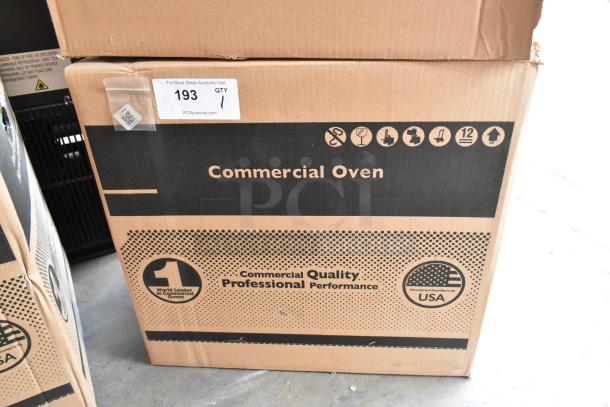 Brand new Amana AOC24 commercial microwave in box. Stainless steel, touch pad, 208-240V, 2021 model. Box labeled "Commercial Oven."