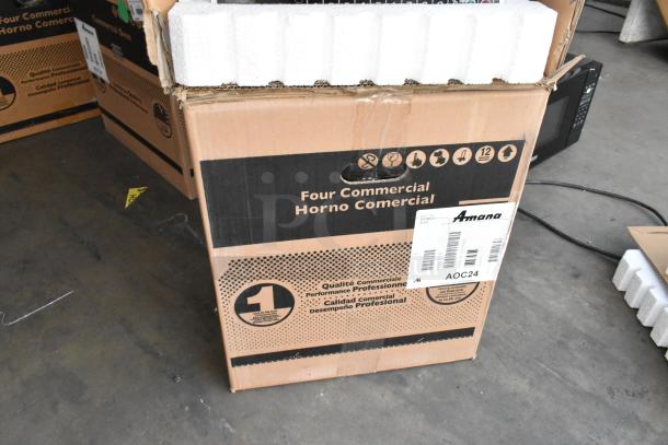 Brand new 2021 Amana AOC24 stainless steel commercial microwave in box. Features touch pad, 208-240 volts.