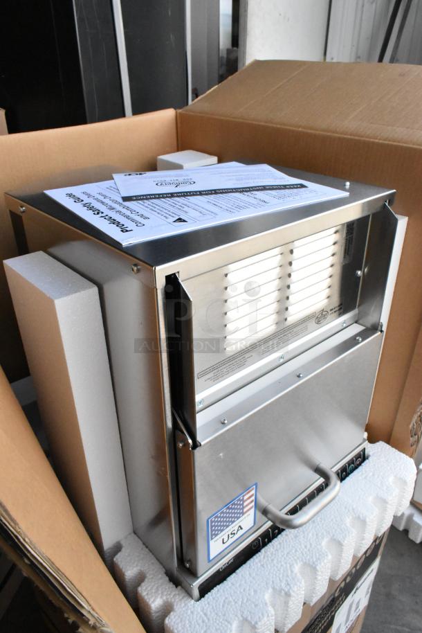 BRAND NEW 2021 Amana AOC24 stainless steel commercial microwave with touch pad in box. 208-240 volts. Made in USA.