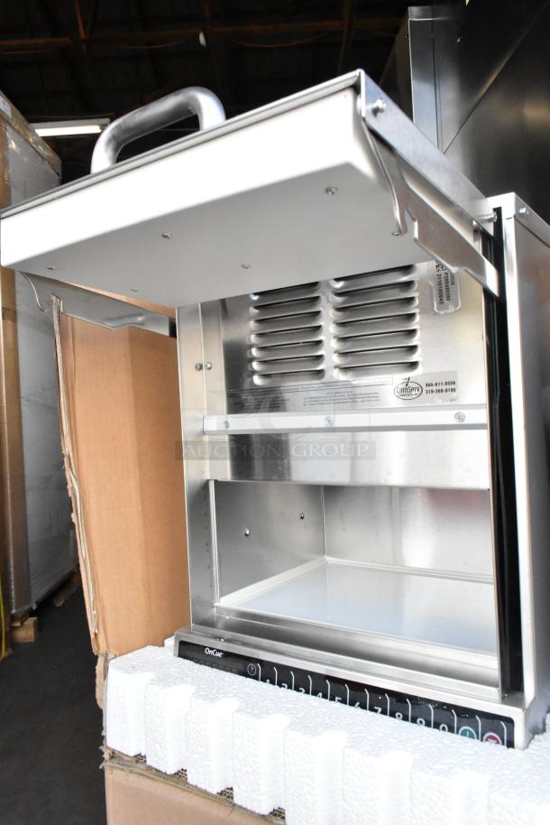 Brand new 2021 Amana AOC24 commercial stainless steel microwave with touch pad, 208-240 volts, in box.