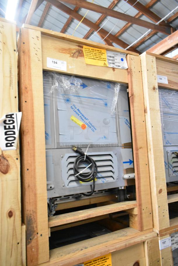 Brand new 2022 BKI 52473-1 stainless steel commercial meat freezer in crate. Features commercial casters, 115 volts, 1 phase.