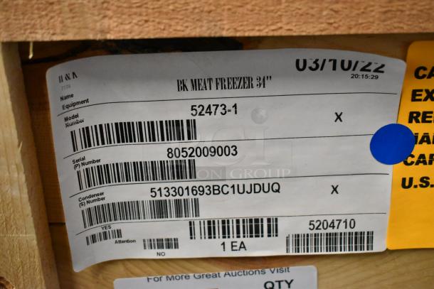 Brand new BKI 52473-1 stainless steel commercial meat freezer label with model, serial, and condenser numbers shown.