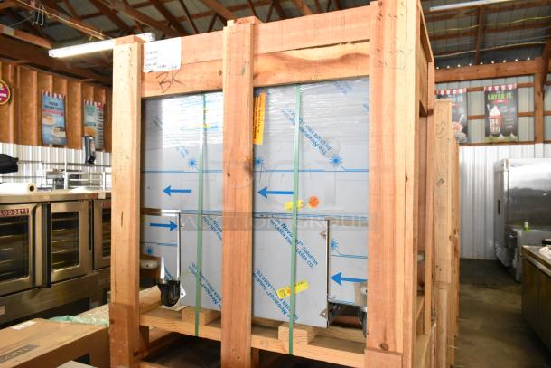 Brand new BKI 52473-1 stainless steel commercial meat freezer in crate, on casters, 115V, 1 phase.