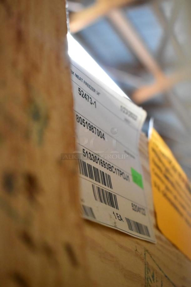 BRAND NEW 2022 BKI 52473-1 Stainless Steel Commercial Meat Freezer, on casters, 115V, 1 phase, in crate, label shown.
