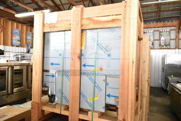 Brand new BKI 52473-1 stainless steel commercial meat freezer in original crate, on casters, 115V, 1 phase.