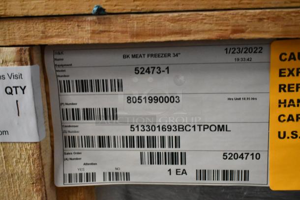 BRAND NEW 2022 BKI 52473-1 Stainless Steel Meat Freezer, 115V, 1 Phase, in crate. Features barcode labels and specifications.
