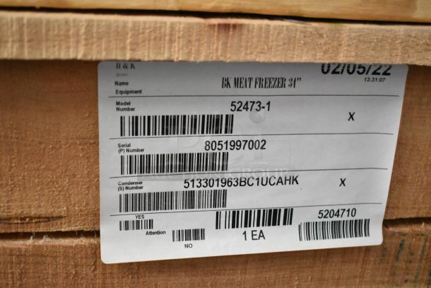 BRAND NEW 2022 BKI 52473-1 Stainless Steel Meat Freezer, 115V, 1 Phase, on Commercial Casters, still in crate.