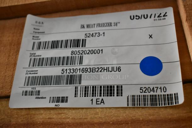 Label for 2022 BKI 52473-1 Stainless Steel Meat Freezer, commercial casters, 115V, 1 Phase, serial 8052020001.