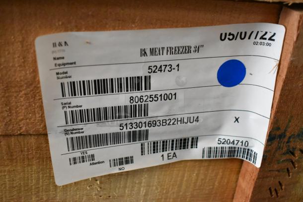 BRAND NEW 2022 BKI 52473-1 Stainless Steel Commercial Meat Freezer, 115V, 1 Phase, with model and serial numbers shown.