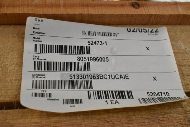 Label on crate of a brand new 2022 BKI 52473-1 stainless steel commercial meat freezer. Serial: 8051996005.