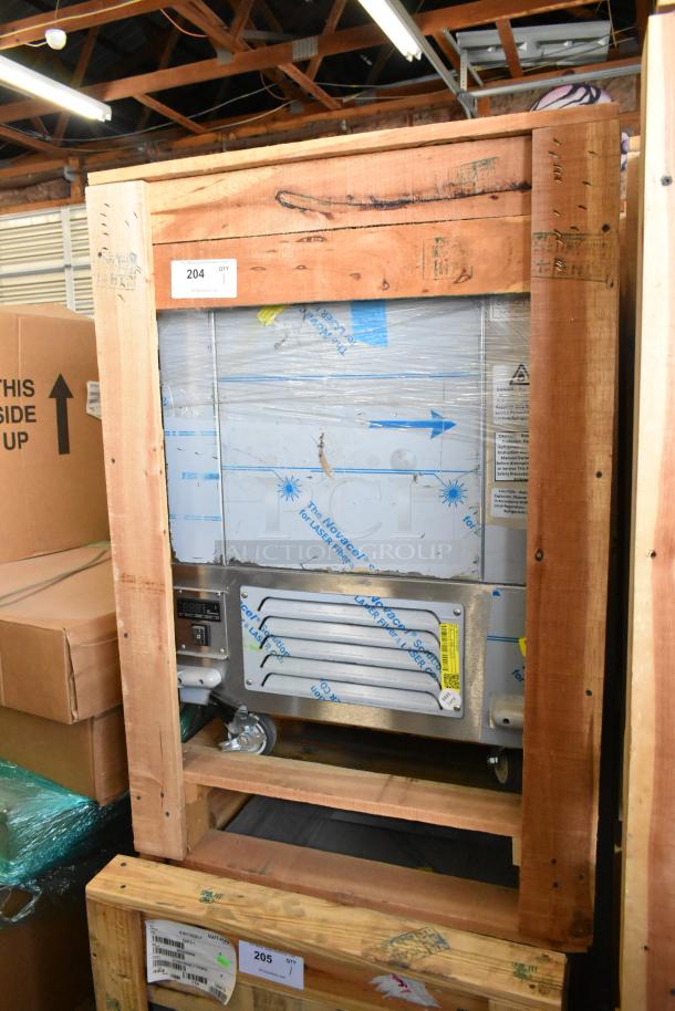 Brand new BKI 52473-1 stainless steel commercial meat freezer in wooden crate. Features commercial casters, 115V, 1 phase.