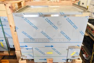 BRAND NEW 2022 BKI 52473-1 stainless steel commercial meat freezer, in crate, on casters, 115V, 1 phase, protective wrap intact.