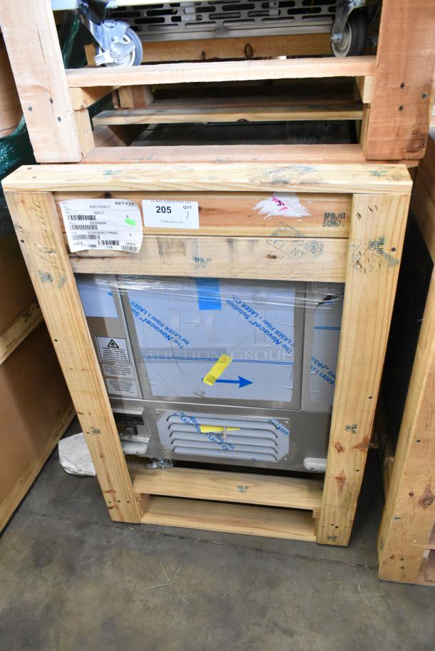 Brand new 2022 BKI 52473-1 stainless steel commercial meat freezer in crate, on casters, 115V, 1 phase.