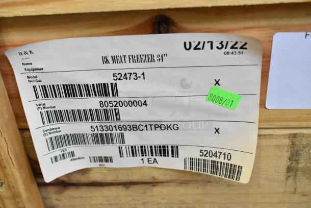 Brand new BKI 52473-1 stainless steel commercial meat freezer, 2022 model, in crate. Includes commercial casters, 115V.