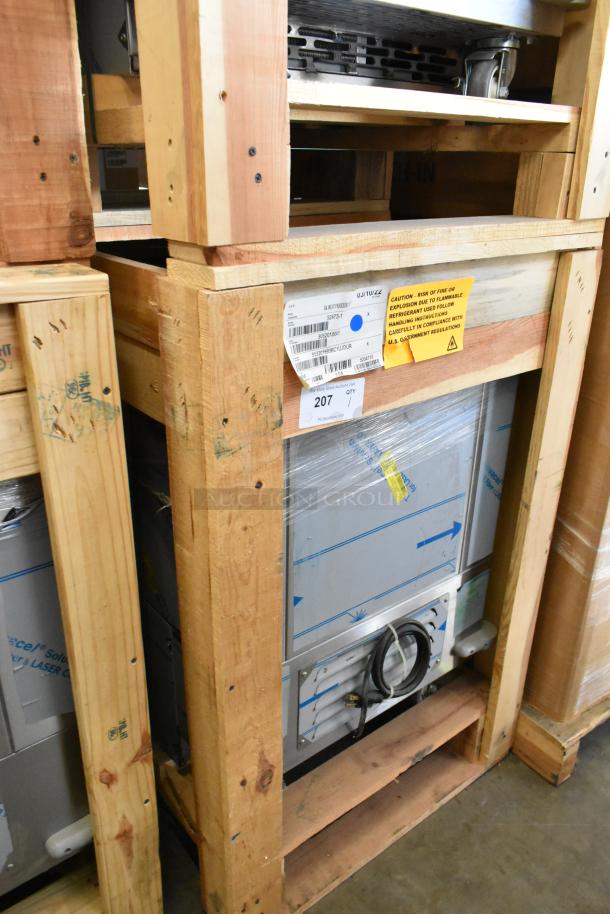 BRAND NEW 2022 BKI 52473-1 stainless steel commercial meat freezer in crate. On casters, 115V, 1 phase. Tags visible.