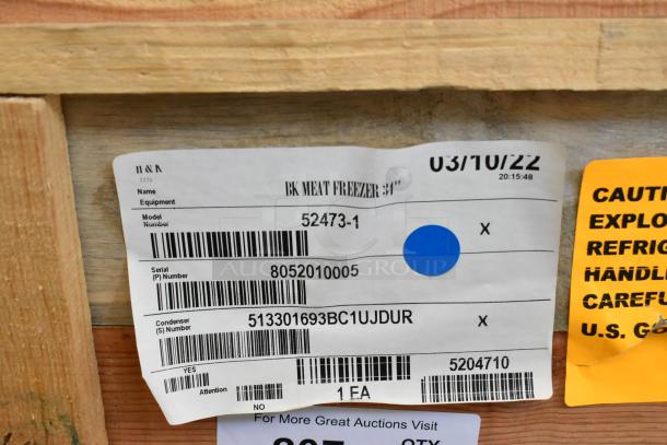 Brand new BKI 52473-1 stainless steel commercial meat freezer in crate, on casters, 115V, 1 phase. Serial: 8052010005.