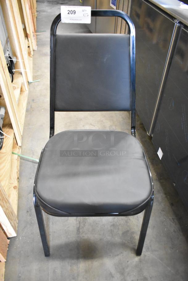 Black metal stackable dining height chair, new condition, minor scratches and dents, quantity of 12 available.
