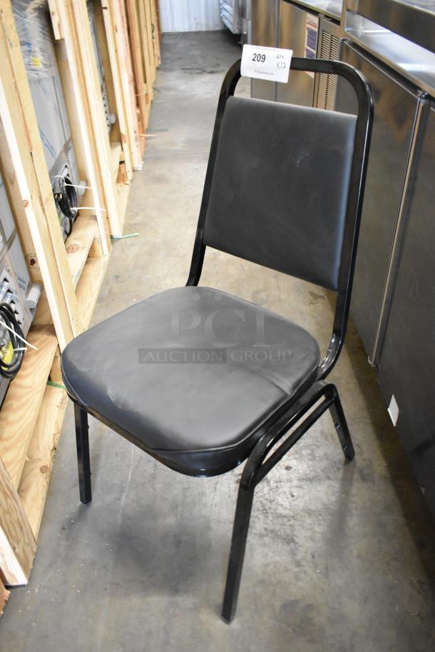 Black metal stackable dining chair, brand new, slight scratches. Sturdy construction, ideal for dining use, auction tag present.