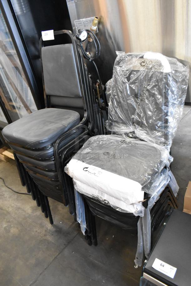 12 new black metal stackable dining chairs, some with scratch and dent. Wrapped in plastic, auction lot of 12 chairs.