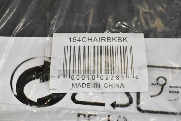 Barcode label for black metal stackable dining height chair, model 164CHAIRBKBK, made in China.
