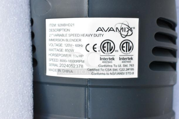 Alt text: AvaMix 21" heavy-duty variable speed immersion blender, 1 1/4 hp, 120V, new, item 928IBHD21, labeled with specs.