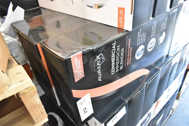 3 Avamix 928IBHD21 immersion blenders, brand new, 21" shaft, 1 1/4 hp, in black boxes with specs and condition labels.
