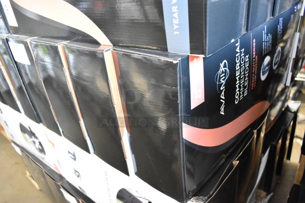 Four new AvaMix 928IBHD21 immersion blenders in original black packaging, 21-inch, 1 1/4 hp, 120V, minor scratches.