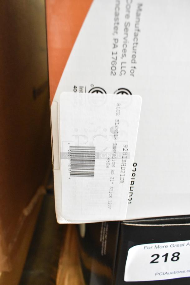Box with AvaMix 928IBHD21 21" Heavy-Duty Immersion Blender label, 1 1/4 hp, 120V, scratch and dent, barcode visible.