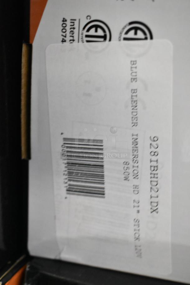 Box label for AvaMix 928IBHD21 21" Immersion Blender, showing model, barcode, and certification marks.