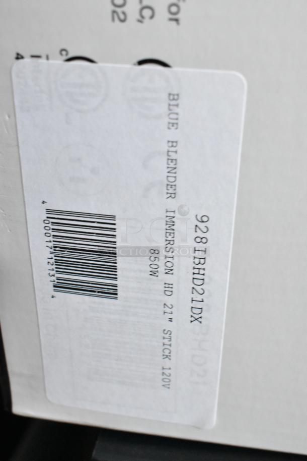 AvaMix 928IBHD21 21" heavy-duty immersion blender, 1 1/4 hp, 120V, labeled as new scratch and dent. Model and specs visible.