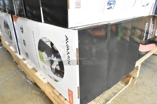 3 new AvaMix 928IBHD21 immersion blenders on a pallet, boxes show scratch and dent condition. 21" heavy-duty, 1 1/4 hp, 120V.