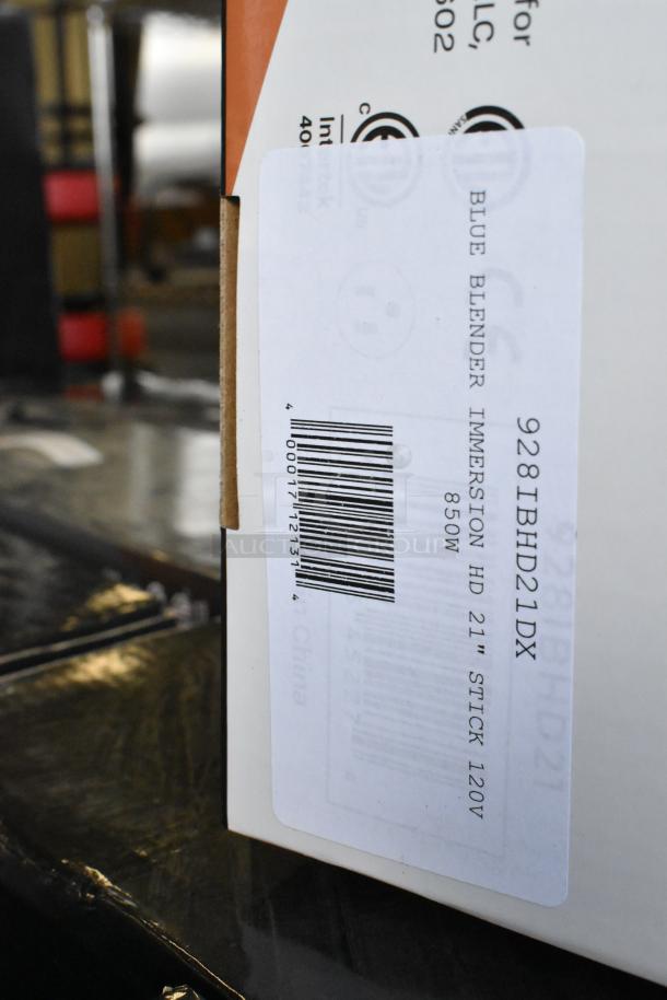 Brand new AvaMix 928IBHD21 21" heavy-duty immersion blender, 1 1/4 hp, 120 volts. Box label shows model and barcode.