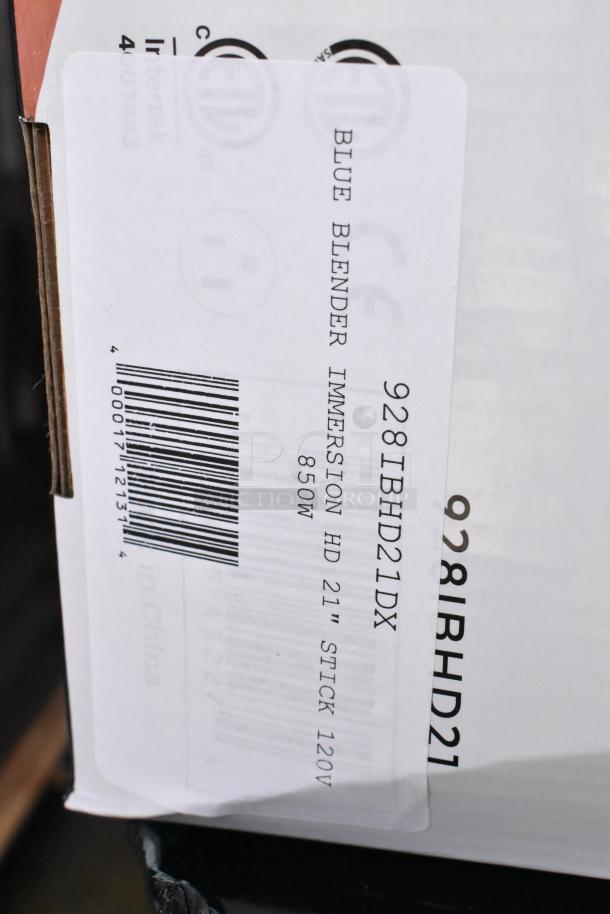 AvaMix 928IBHD21 immersion blender box. Brand new, 21" heavy-duty, 1 1/4 hp, 120V. Label displays model and specs.