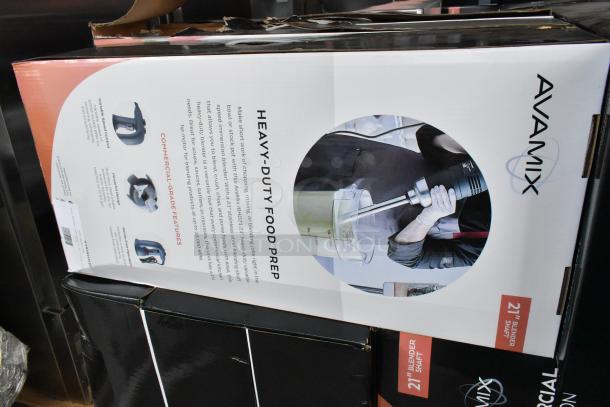 Brand new AvaMix 928IBHD21 21" heavy-duty immersion blender, 1 1/4 hp, 120V, visible box with commercial-grade features label.
