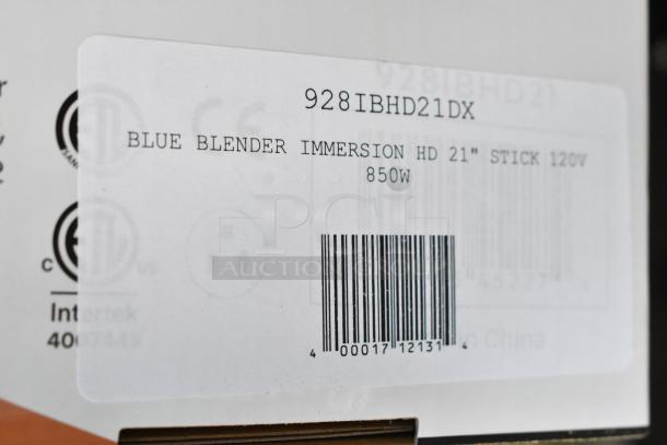 Label for AvaMix 928IBHD21DX 21" Heavy-Duty Immersion Blender; 120V, 850W, "Blue Blender Immersion HD" text with barcode.